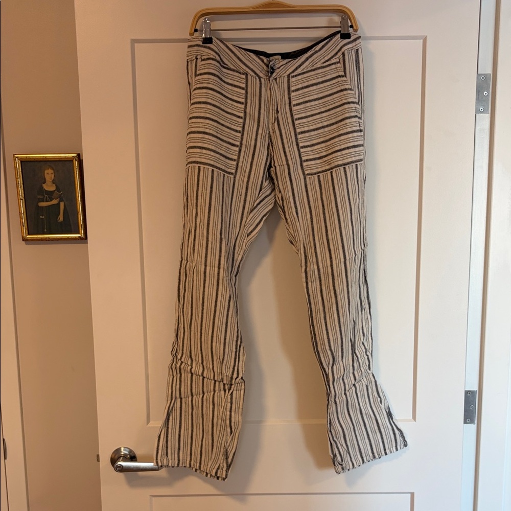 Dylan 100% linen Black and Cream Striped Flare Pants. Unlined